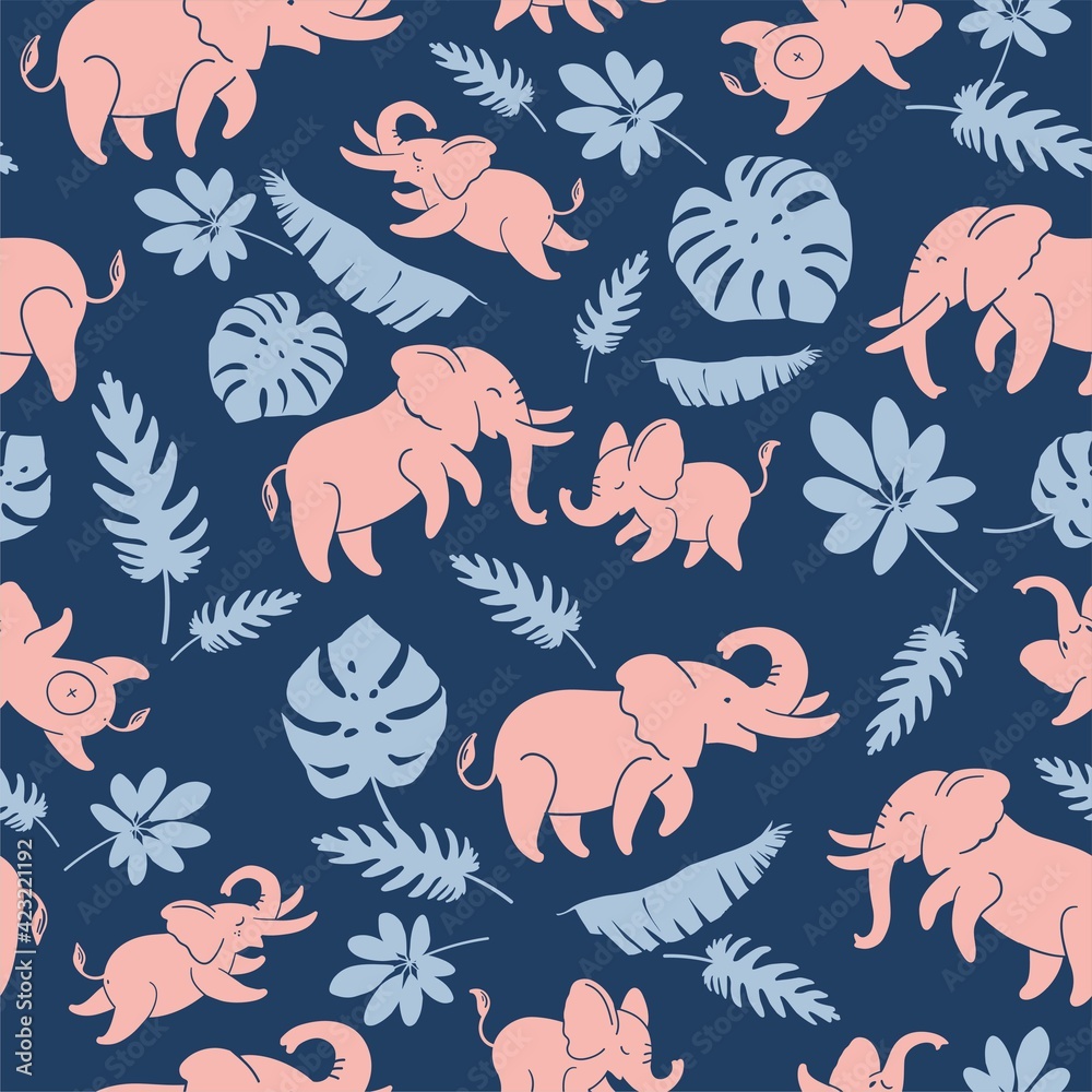 Obraz premium Pink funny elephants on a dark blue background - seamless