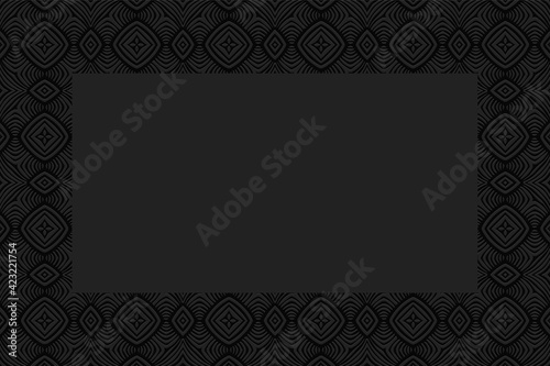 Geometric 3D black background. Convex volumetric texture. Ethnic pattern with the national colors of the countries of India, with elements of doodling. Frame for text, advertising.