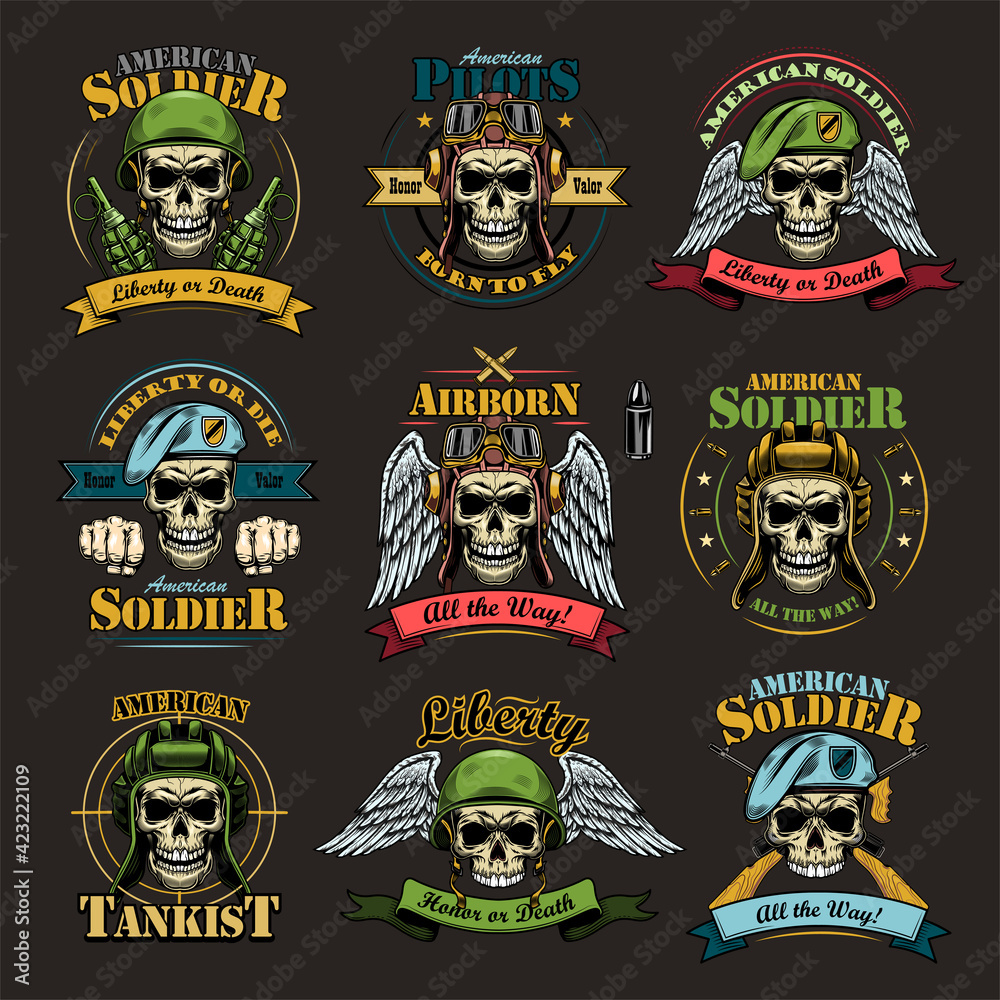 Fototapeta Army emblems set. Military labels template with skulls in pilot helmets or soldier hats, air force eagle wings, text and ribbons. Colored vector illustrations isolated on black background