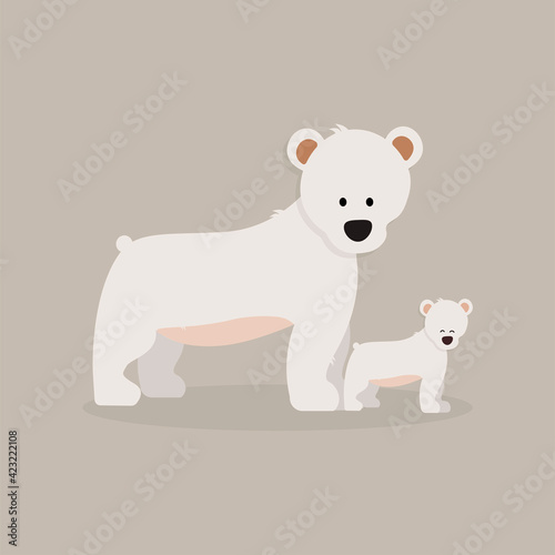 White bear with bear cub on gray background