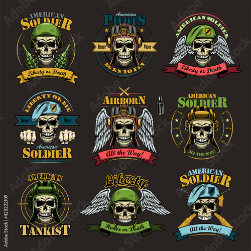 Army emblems set. Military labels template with skulls in pilot helmets or soldier hats, air force eagle wings, text and ribbons. Colored vector illustrations isolated on black background
