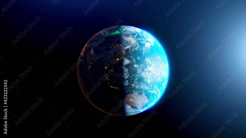Earth from space rotation day to night skyline with aurora light. The globe spinning on satellite view space travel. Realistic 3d rendering animation. elements of this image furnished by NASA. Loop ab Earth from space rotation day to night skyline with aurora light. The globe spinning on satellite view space travel. Realistic 3d rendering animation. elements of this image furnished by NASA. Loop ab