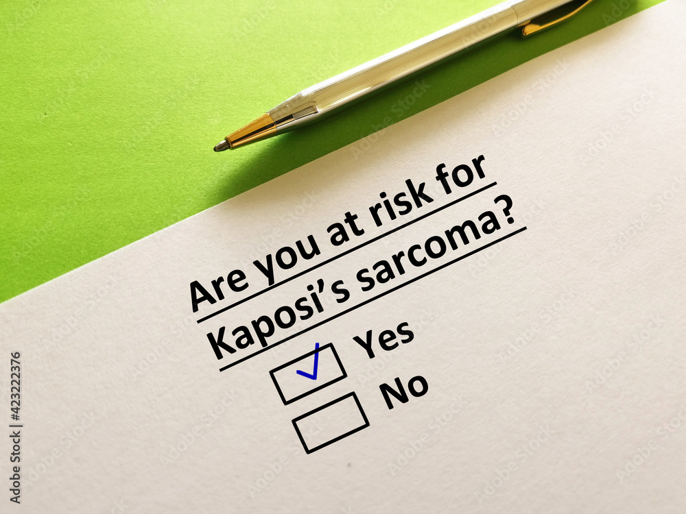 One person is answering question about sexual transmitted disease. The person thinks that he is at risk for kaposi's sarcoma. One person is answering question about sexual transmitted disease. The person thinks that he is at risk for kaposi's sarcoma.