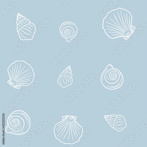 Beautiful seamless pattern of seashells on a pastel blue background. Vector background from outline different seashells for textiles, prints, invitations. Marine pattern. 