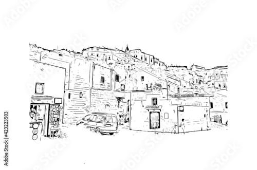 Building view with landmark of Matera is the 
city in Italy. Hand drawn sketch illustration in vector.
