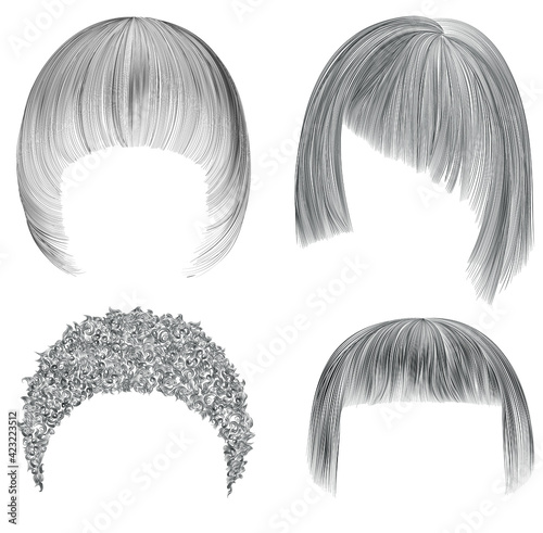 set  woman hairs  . black  pencil drawing sketch . women fashion beauty style.  fringe care.