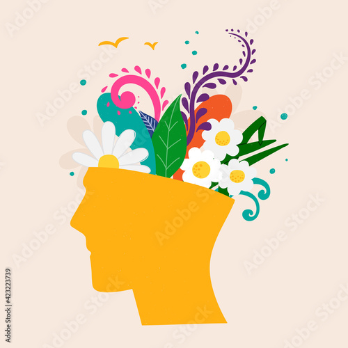 Mental health concept. Abstract image of a head with flowers inside. Plants, flower and leaves as a symbol of inspiration, calmness, favorable mental behavior. Vector hand drawing illustration.