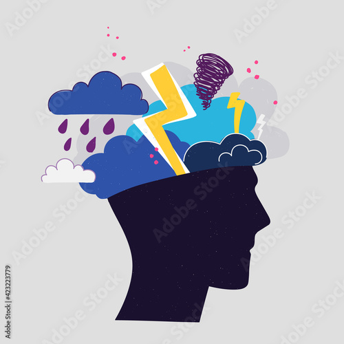 Mental health concept. Abstract image of a head with bad weather inside. Thunder, clouds and lightning as a symbol of depression, anger, poor morale. Vector hand drawing illustration.