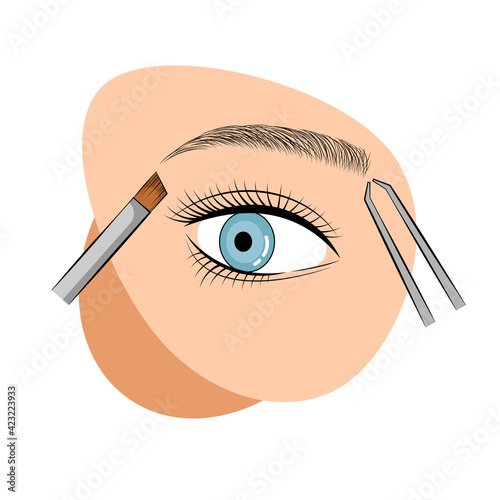 Illustration for the brow master. Vector illustration depicting eyebrows, eyes, brushes, tweezers on a beige cloud