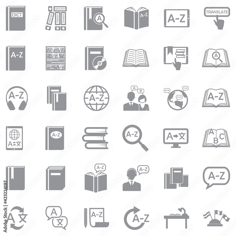 Dictionary Icons. Gray Flat Design. Vector Illustration.
