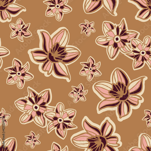 Vector pink brown flowers boho seamless pattern 