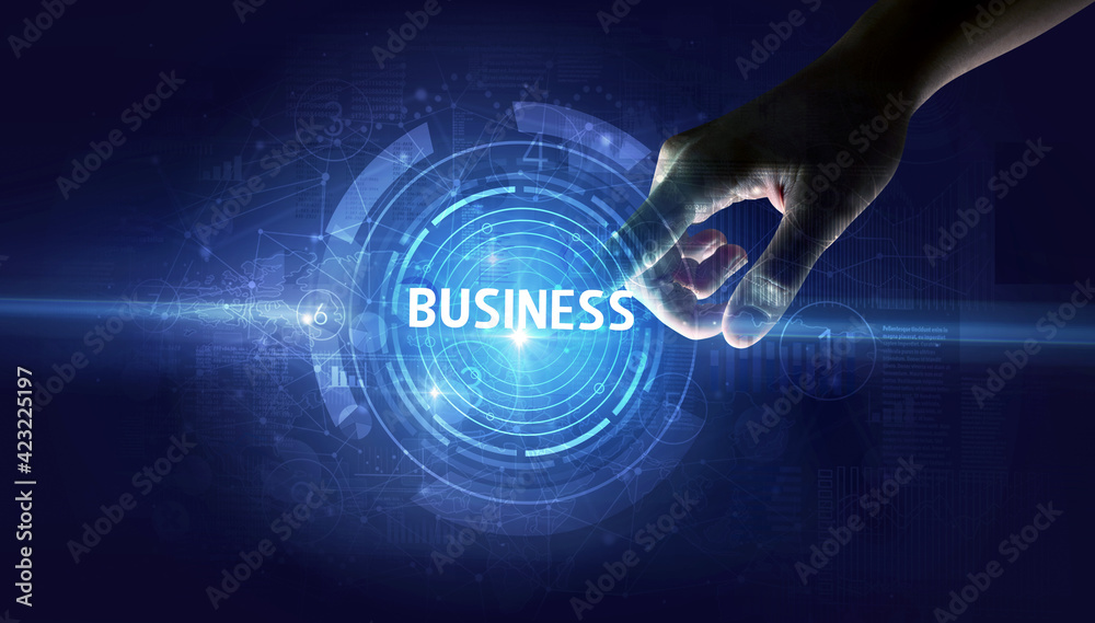 Hand touching business concept button Hand touching business concept button