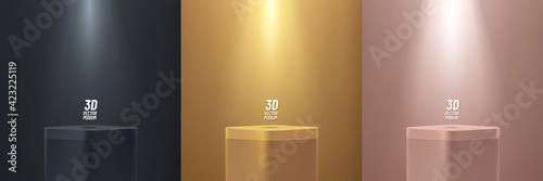 Set of gold, black, pink gold round corner cube pedestal podium display on empty room background. Abstract luxury vector rendering 3d shape for products presentation. Minimal wall scene, Studio room.