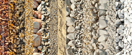 Drainage systems from small pebbles. Garden drainage for plants and trees. Collage of different types of stones. Decorative stones of different colors and sizes.