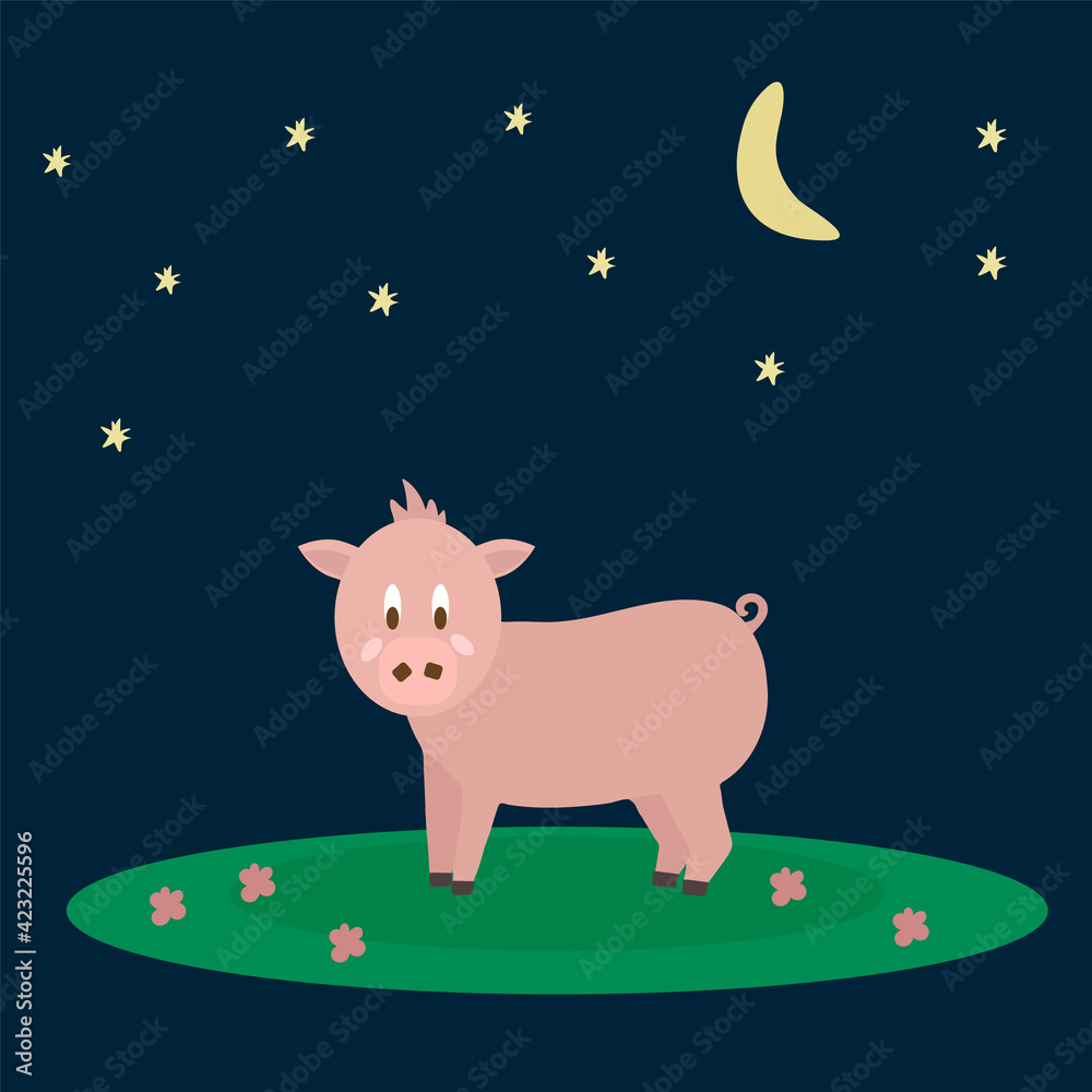 Vector character is a farm animal. Illustration of a piglet on a flat meadow and the night starry sky. Isolated livestock poster on dark background. Vector illustration
