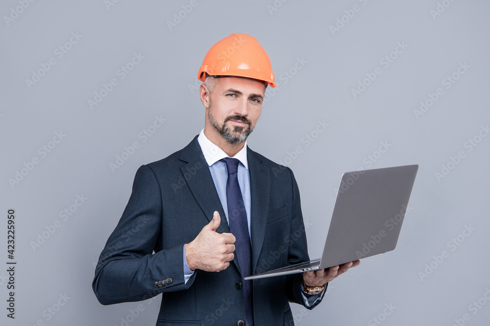 thumb up. agile business success. entrepreneur in helmet use pc. engineer hold computer. thumb up. agile business success. entrepreneur in helmet use pc. engineer hold computer.