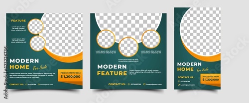 Home sale social media post template. Modern promotion banner with a green background and orange ornament. Usable for social media feed, story, flyers, banners, and website.