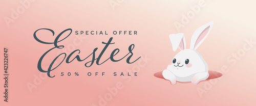 Happy easter with white rabbit and lettering. creative banner design, clearance sale. Bunny. Flyer with a 50% sale. Special offer. Background for an online store.