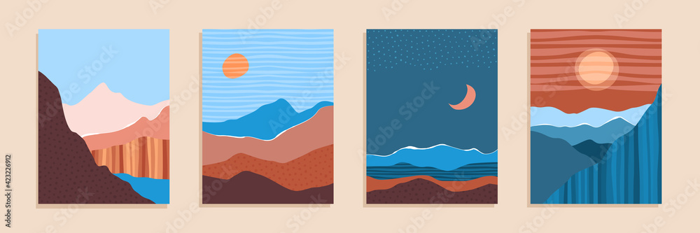 Abstract contemporary aesthetic landscape, bohemian modern background, minimalist wall decor for posters, banners, layouts. Vector illustration.