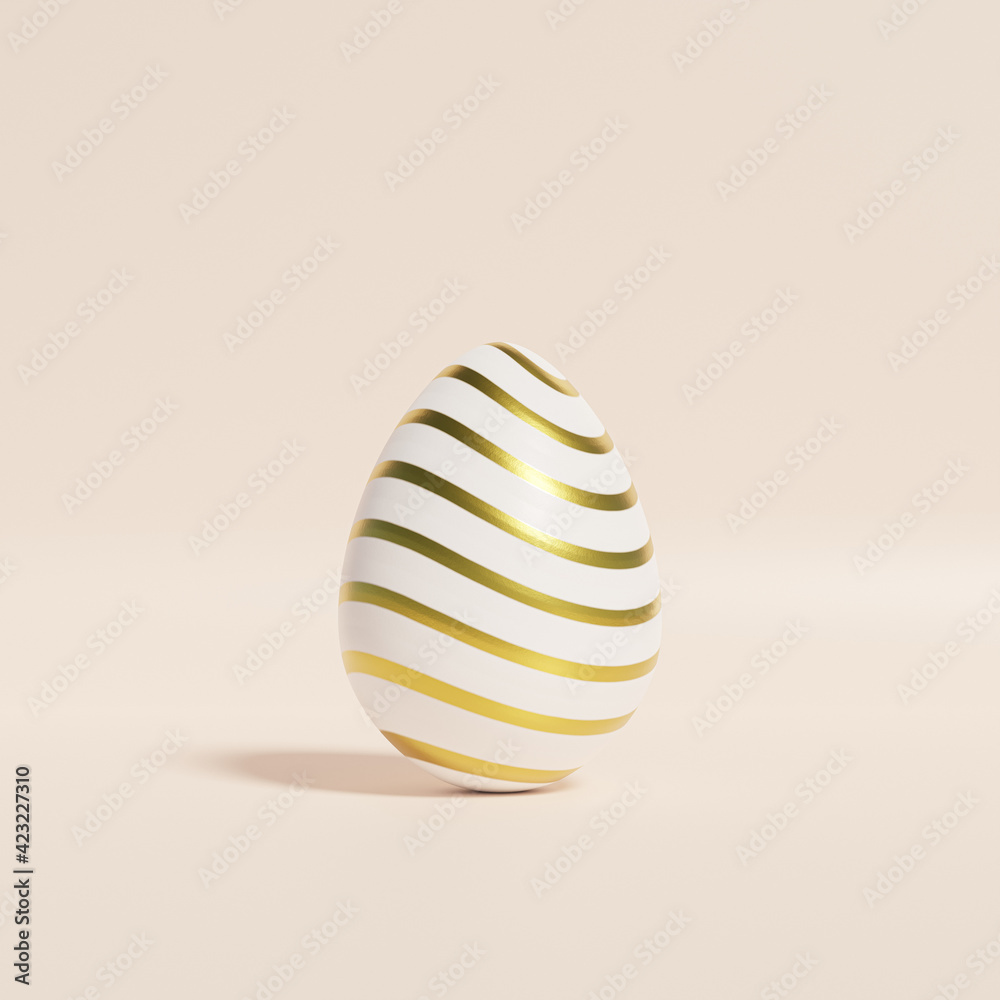 Easter egg with golden stripes pattern on beige background, spring April holidays card, 3d illustration render Easter egg with golden stripes pattern on beige background, spring April holidays card, 3d illustration render