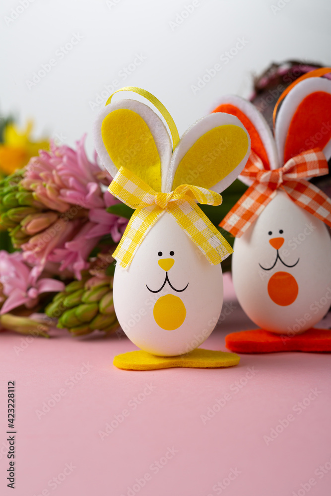 Close up of Easter eggs bunny and flowers