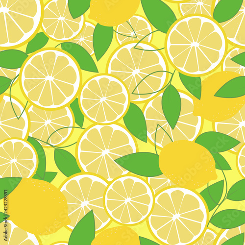 Lemons. Fruits and slices of lemons with leaves on a bright yellow background. Seamless pattern.