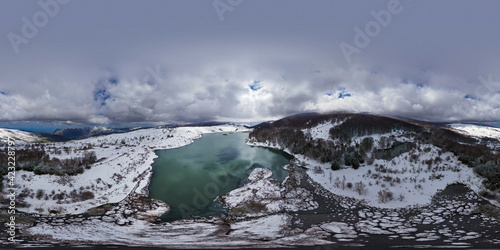 360 degree virtual reality panorama of Lake Biviere immersed in the beautiful beech forest of Monte Soro in winter on Nebrodi, Sicily, Italy. Natural lake with views of Mount Etna and the sea. Sicily.