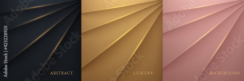 Set of elegant black, gold, pink gold metallic glossy background, Overlapping layer with shadow with gold line luxury style. You can use for template brochure, poster, banner web. Vector illustration