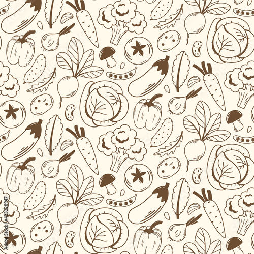 Seamless pattern with fresh vegetables. Healthy and beneficial product. Organic food. Gardening or farming concept. Design for print, packaging, wallpaper, textil. Flat vector illustration.