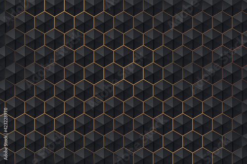 Abstract 3d dark hexagon pattern on golden light background luxury style. Modern futuristic geometric shape web banner design. You can use for cover template, poster, flyer, print ad. Vector EPS10