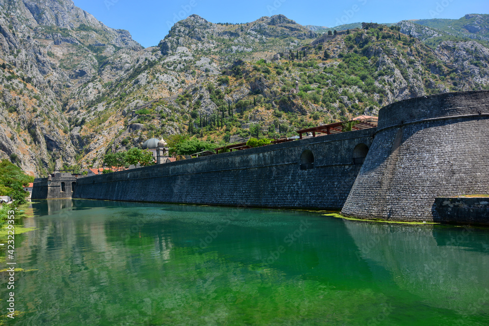 Kotor, city walls with water-filled moat around the old town, with mountains in the background, Kotor, Montenegro