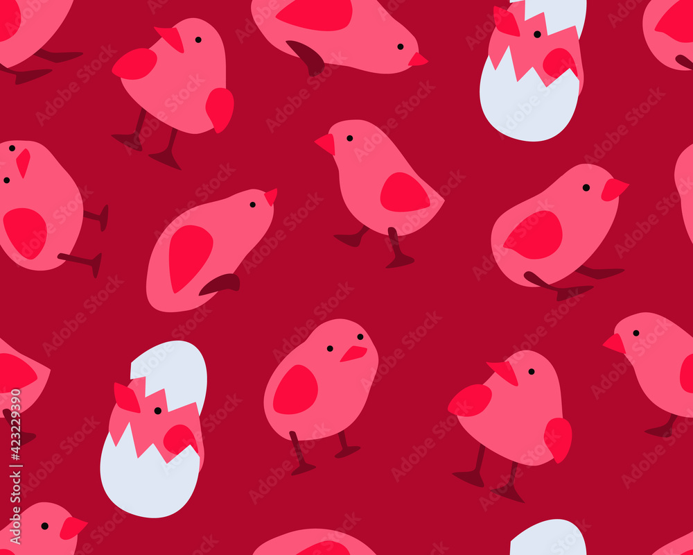 Chicks Set Characters Seamless Pattern on Red Background  with Chickens Childrens Easter Doodle Cheerful Playful Seamless Pattern isolated Vector Illustration