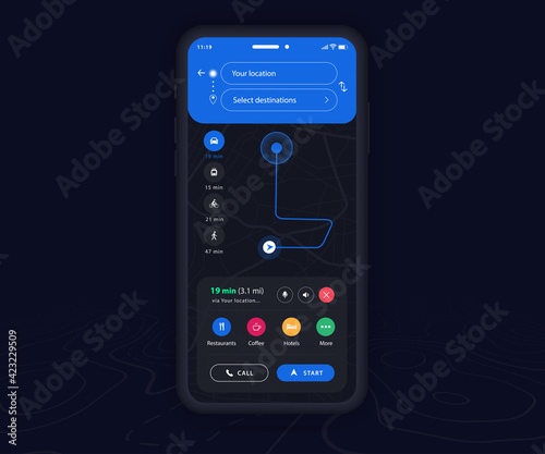 Map GPS navigation dark mode ux ui concept, Smartphone map application and destination blue pinpoint on screen, App search map navigation, City street, Phone map gps tracking app, Vector illustration