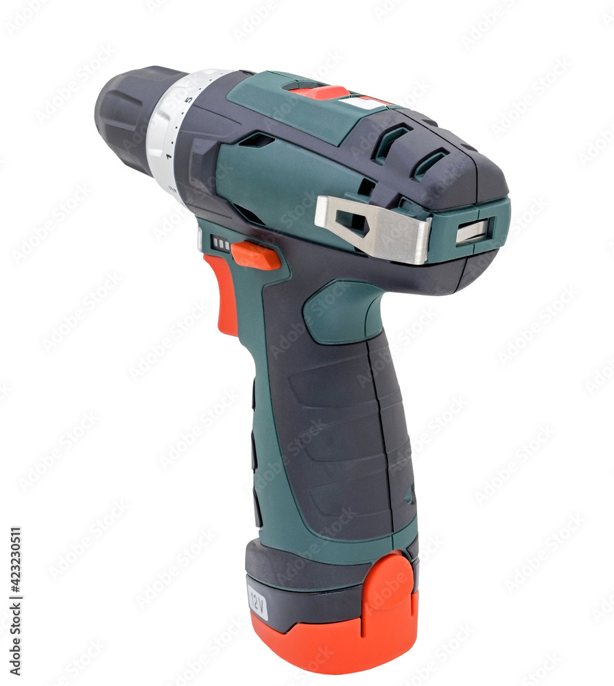 modern cordless drill on a white modern cordless drill on a white