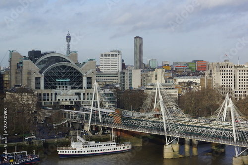 London, UK: panoramic view of Charing Cross station and Golden Jubilee bridge 