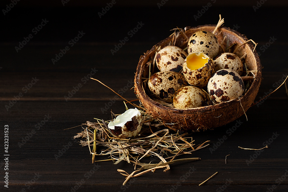 Fresh quail eggs, in a plate of coconut, on a wooden brown table, top view, horizontal, no people,
Fresh quail eggs, in a plate of coconut, on a wooden brown table, top view, horizontal, no people,