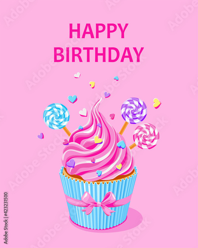 sweet pink fairy cupcake with lollypops and sprinkles on pink background