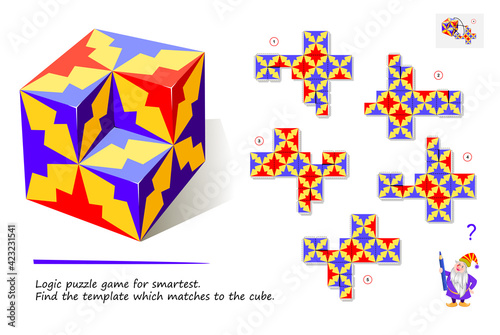 Logic puzzle game for smartest. Find the template which matches to the cube. 3D maze. Printable page for brain teaser book. Developing spatial thinking. IQ test. Memory training for seniors.