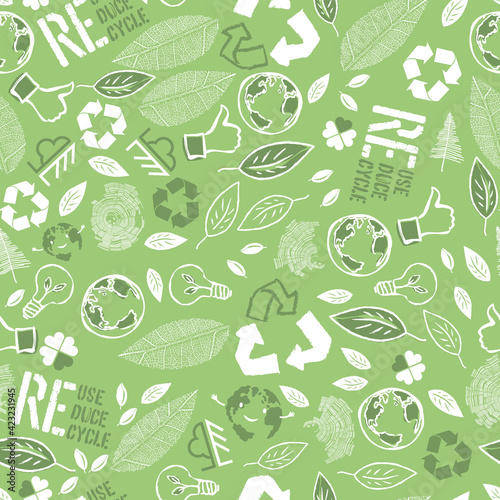 Earth Day Seamless Pattern design. Vector illustration composed from many ecology theme symbols.