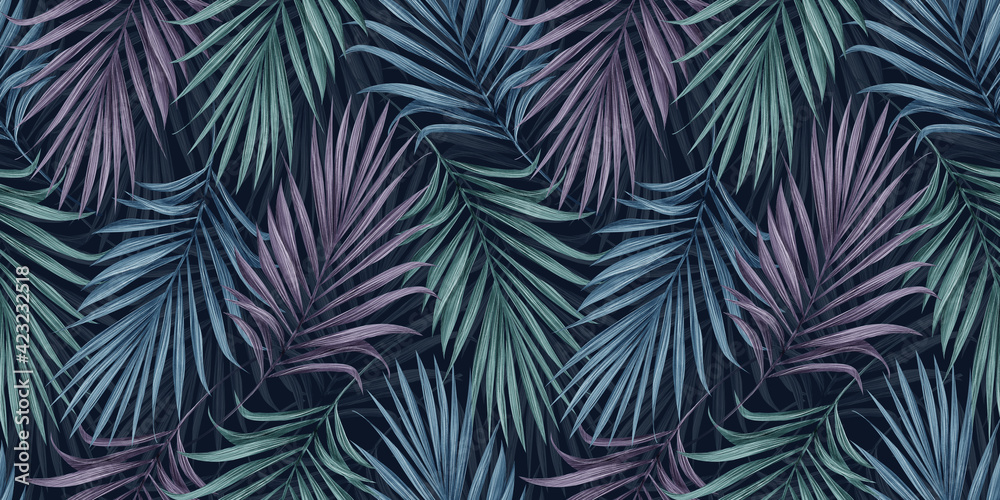 Tropical exotic luxury seamless pattern with blue, purple, green palm leaves on dark background. Hand-drawn vintage textured illustration. Good for wallpapers, wrapping paper, cloth, fabric printing