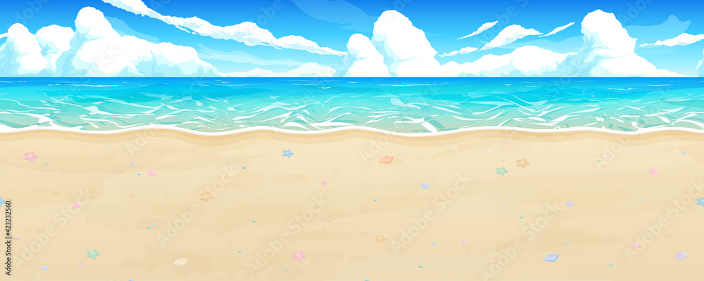 砂浜と海の風景イラスト 貝殻 横スクロールゲームの背景 シームレス Stock Vektorgrafik Adobe Stock