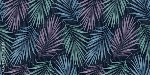 Tropical exotic luxury seamless pattern with blue  purple  green palm leaves on dark background. Hand-drawn vintage textured illustration. Good for wallpapers  wrapping paper  cloth  fabric printing