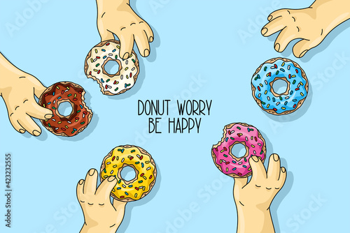 men holding cartoon donuts with pink, lemon, blue mint glaze, chocolate donut on blue background. close up vector illustration  Inscription   donut worry be happy. Greeting card