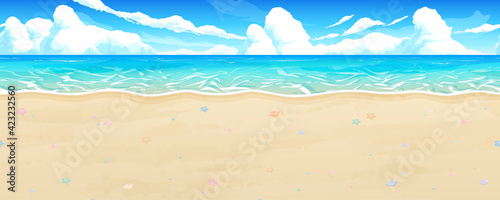 砂浜と海の風景イラスト_貝殻_横スクロールゲームの背景_シームレス