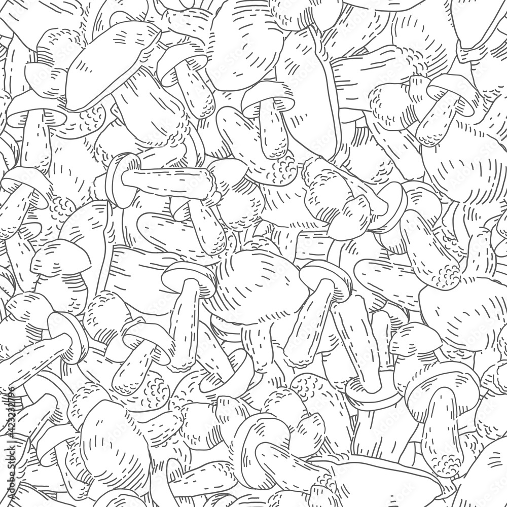 Many Mushrooms linear seamless pattern. Natural food theme vector background Many Mushrooms linear seamless pattern. Natural food theme vector background