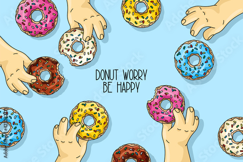 men holding cartoon donuts with pink, lemon, blue mint glaze, chocolate donut on blue background. close up vector illustration  Inscription   donut worry be happy. Greeting card