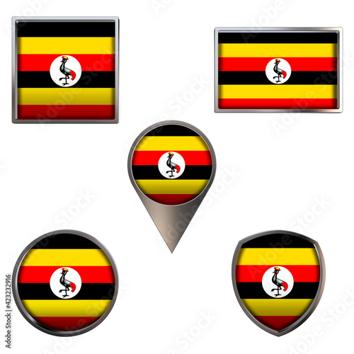 Free Download Various flags of the Republic of Uganda. Realistic national flag in point circle square rectangle and shield metallic icon set. Patriotic 3d rendering symbols isolated on white background. - GFXLoad