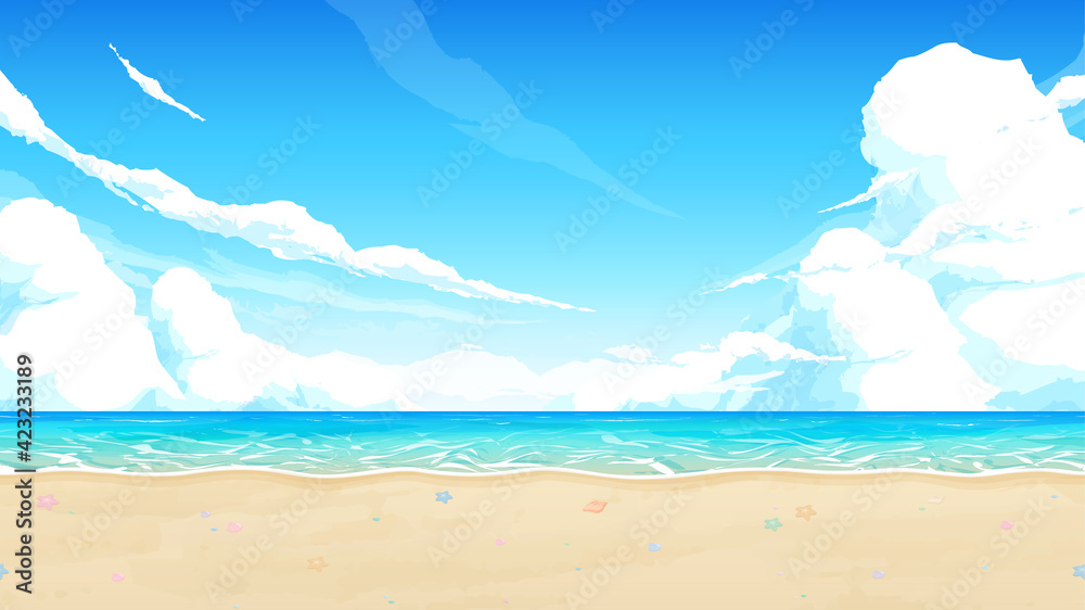 海と砂浜と空の風景イラスト 貝殻 16 9 Stock Vector Adobe Stock