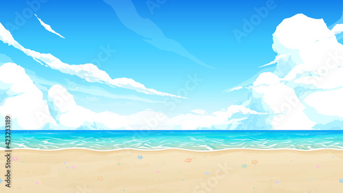 海と砂浜と空の風景イラスト_貝殻_16:9