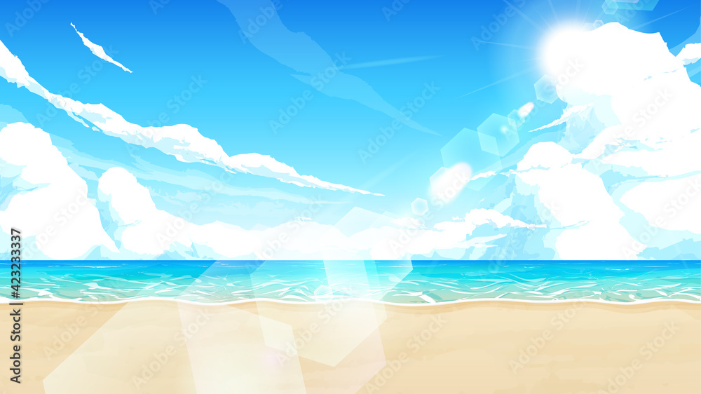 海と砂浜と空の風景イラスト 太陽の日差し 16 9 Stock Vector Adobe Stock